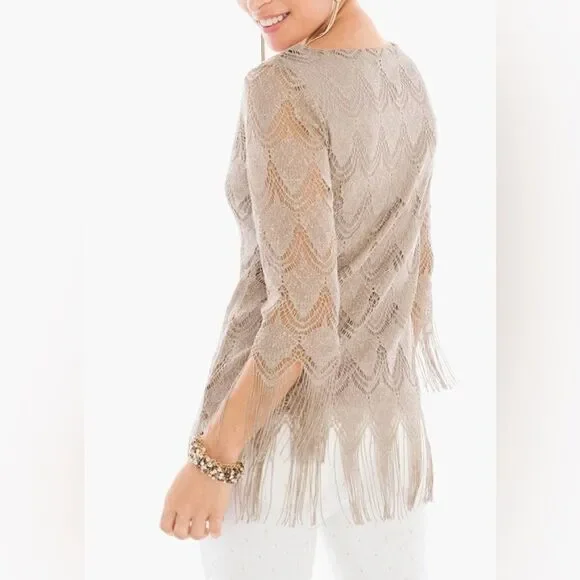 Chico’s Gold Metallic Scalloped Fringe Trim Dressy Top - Picture 2 of 11
